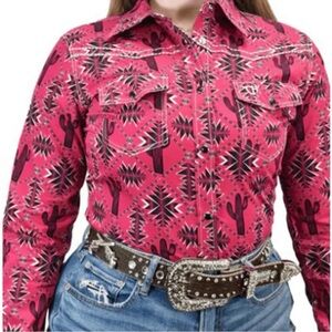 Cowgirl Hardware Pink Cactus Aztec Western Snap Shirt Rodeo Cowgirl Top